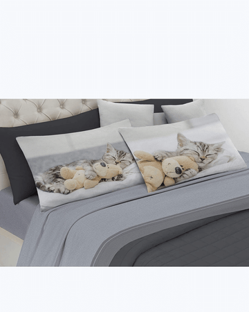 Set Lenzuola Letto Matrimoniale Made in Italy - Gattino Addormentato Grigio - Gattino E Peluche 2 Piazze